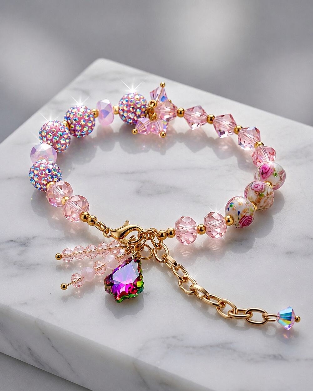 Pink Swarovski Beaded Charm Bracelet
